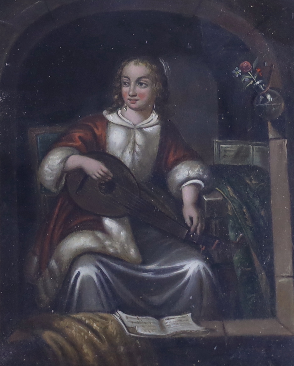 19th century Dutch school, oil on tin, interior scene with lady playing a lute, 19cm x 15cm, ornate gilt frame